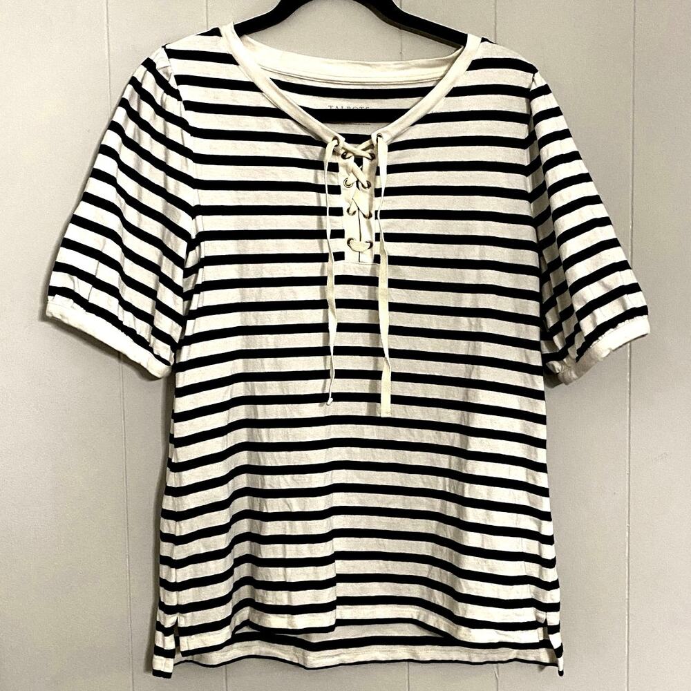 Talbots Brenton Stripe‎ Blue White Short Sleeve Tie Front Tunic 100% Cotton Med